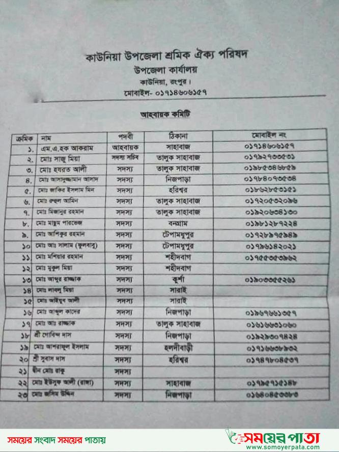 কাউনিয়া উপজেলা শ্রমিক ঐক্য পরিষদ আহবায়ক কমিটি গঠন
